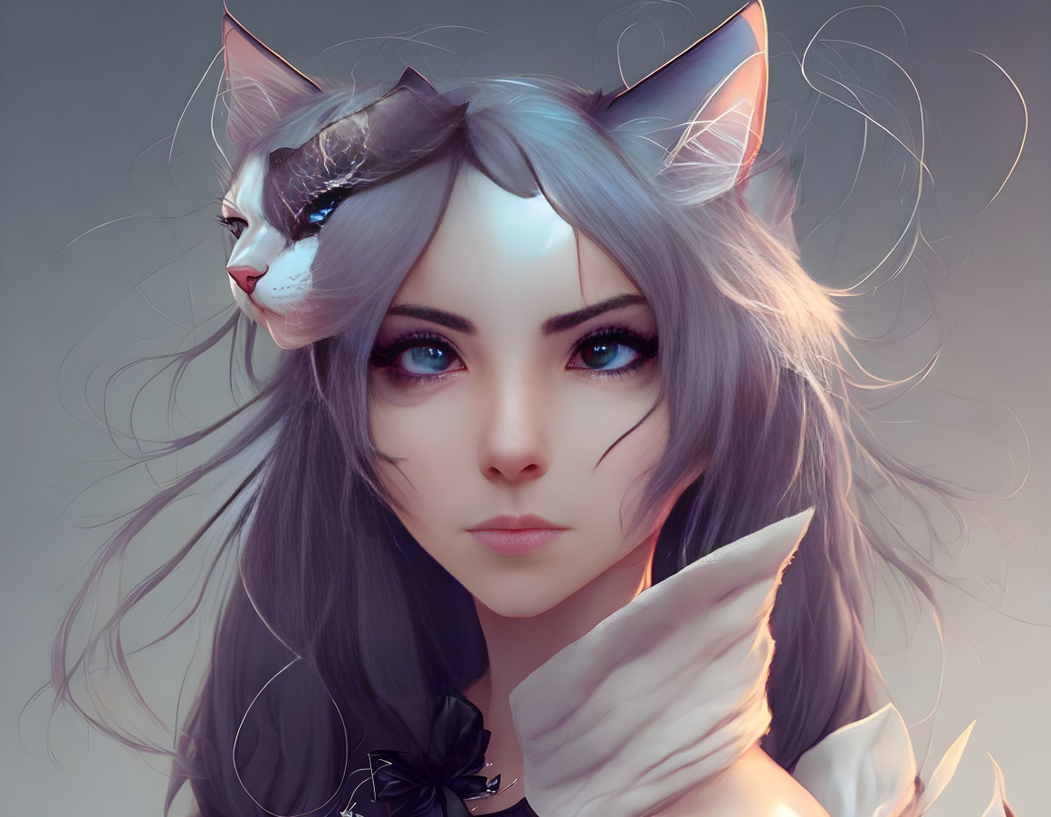 Digital Artwork: Young Woman with Cat-Like Features and Realistic Cat