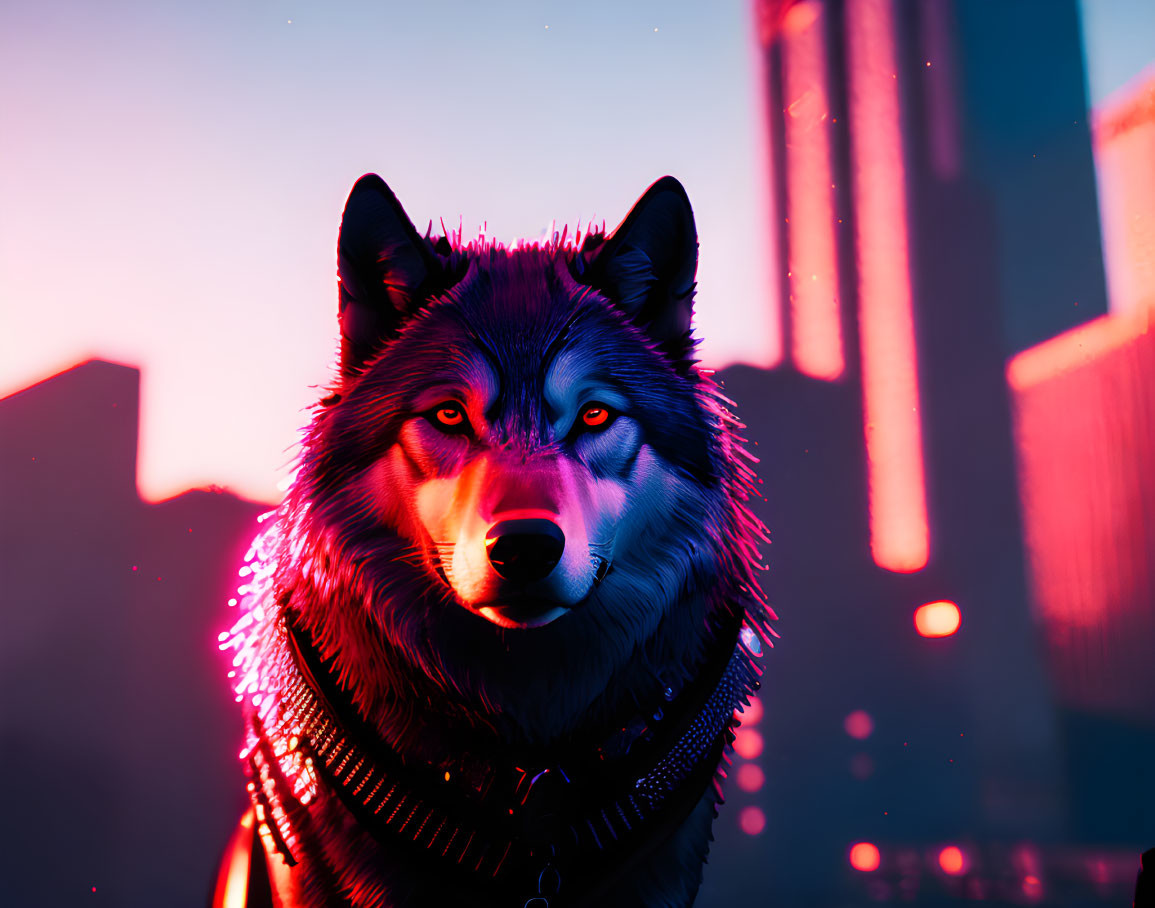 Glowing red-eyed wolf with spiked collar against city silhouette at sunset