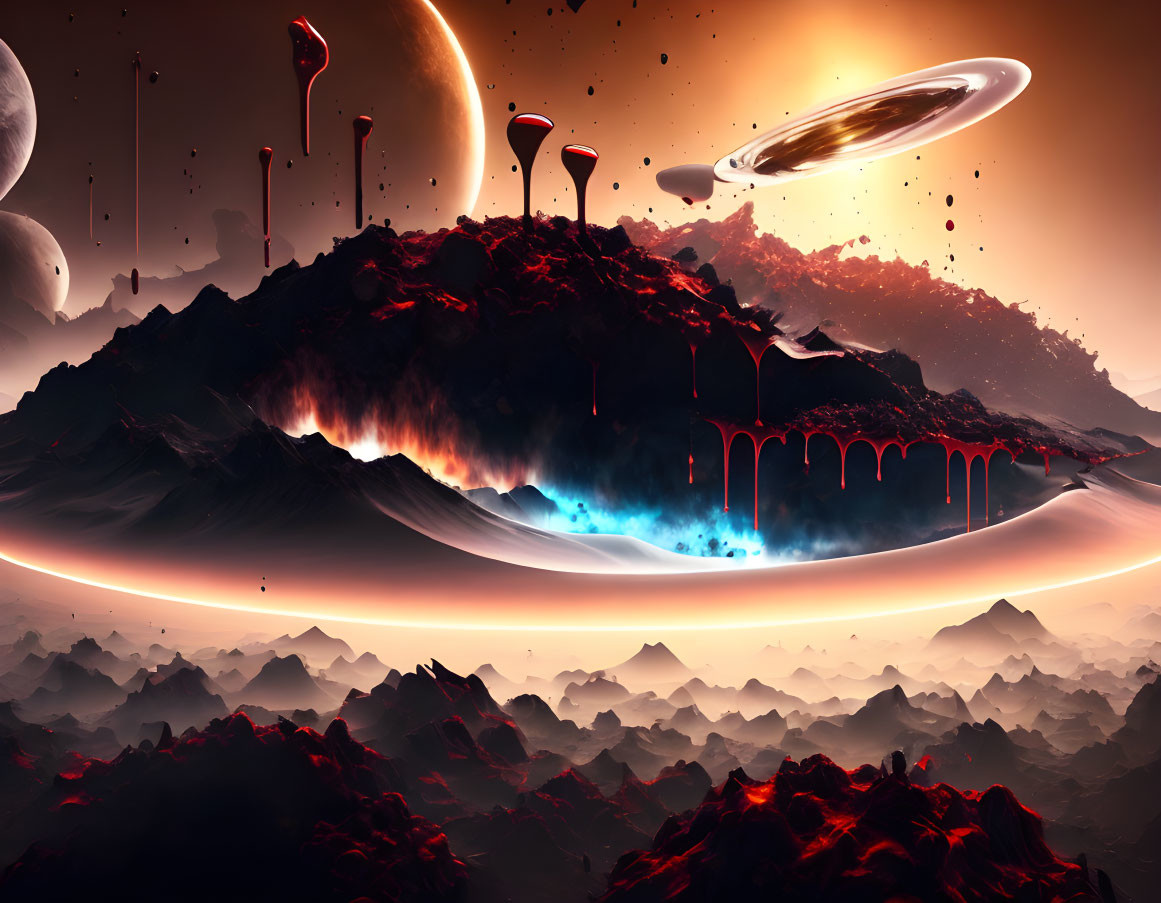 Surreal sci-fi landscape: volcanic activity, alien planet, floating structures