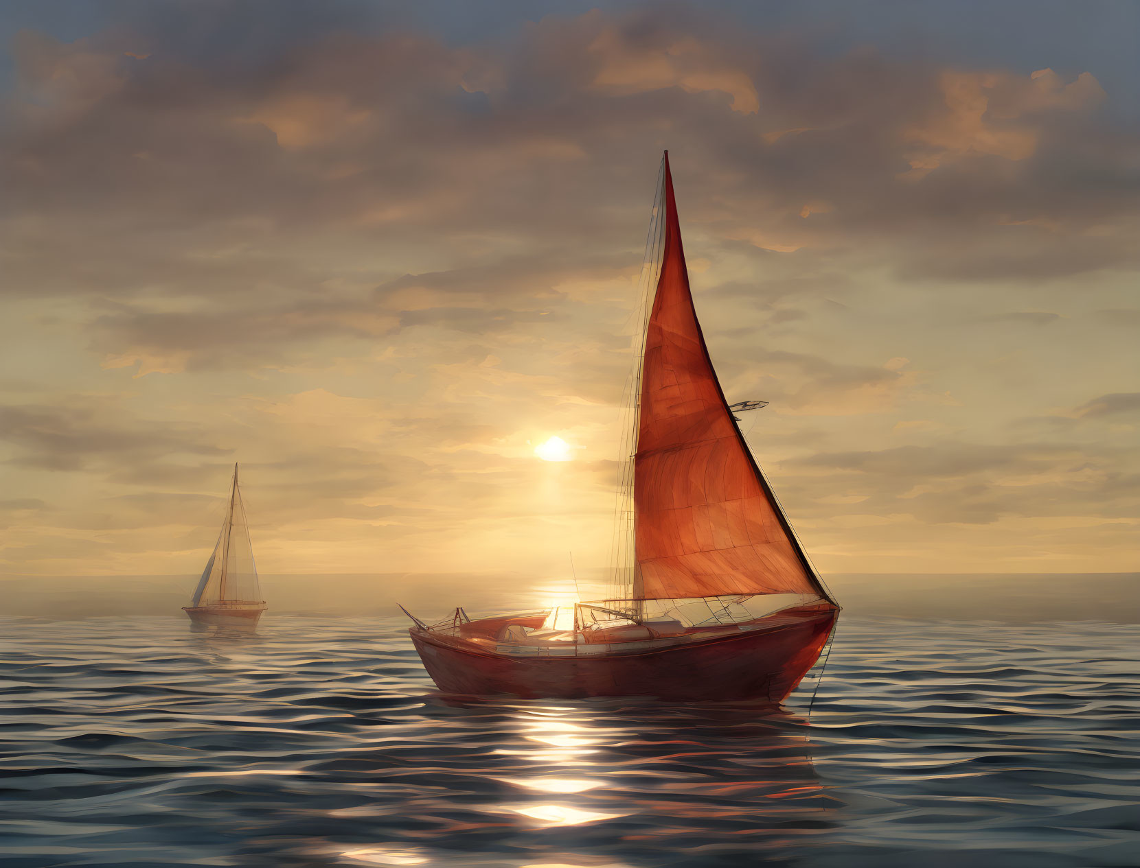 Tranquil seascape with red-sailed boats under warm sunset sky