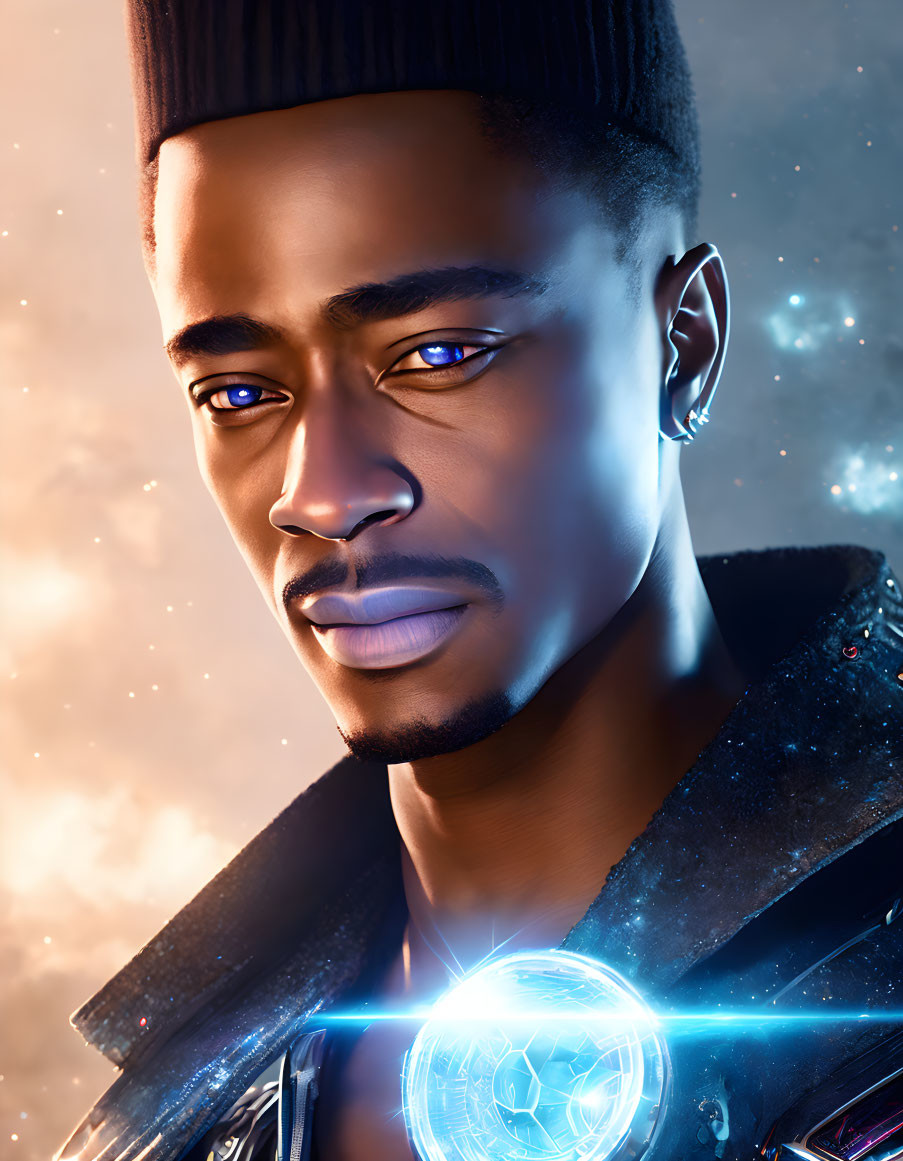 Detailed digital art portrait of a man with blue eyes and futuristic attire.