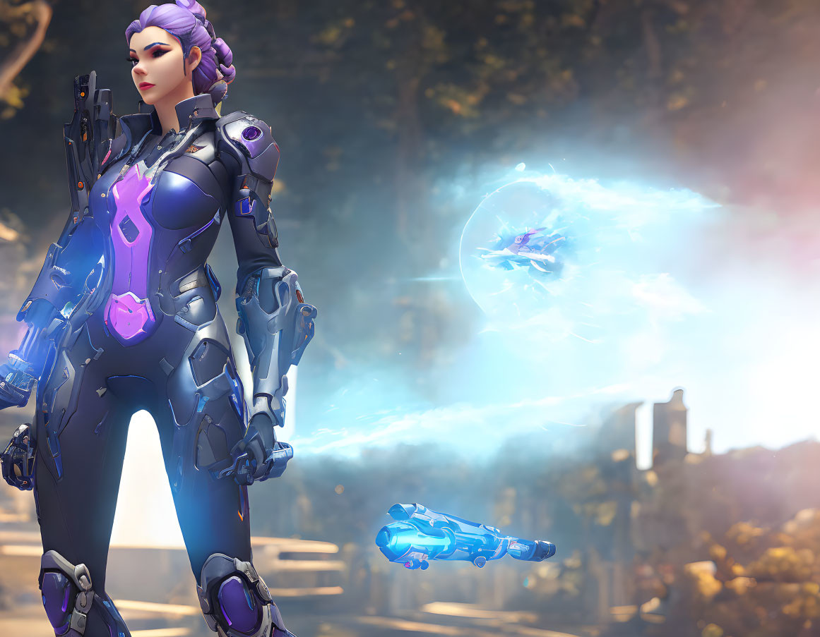 Futuristic female character in purple armor with energy weapon in forest setting