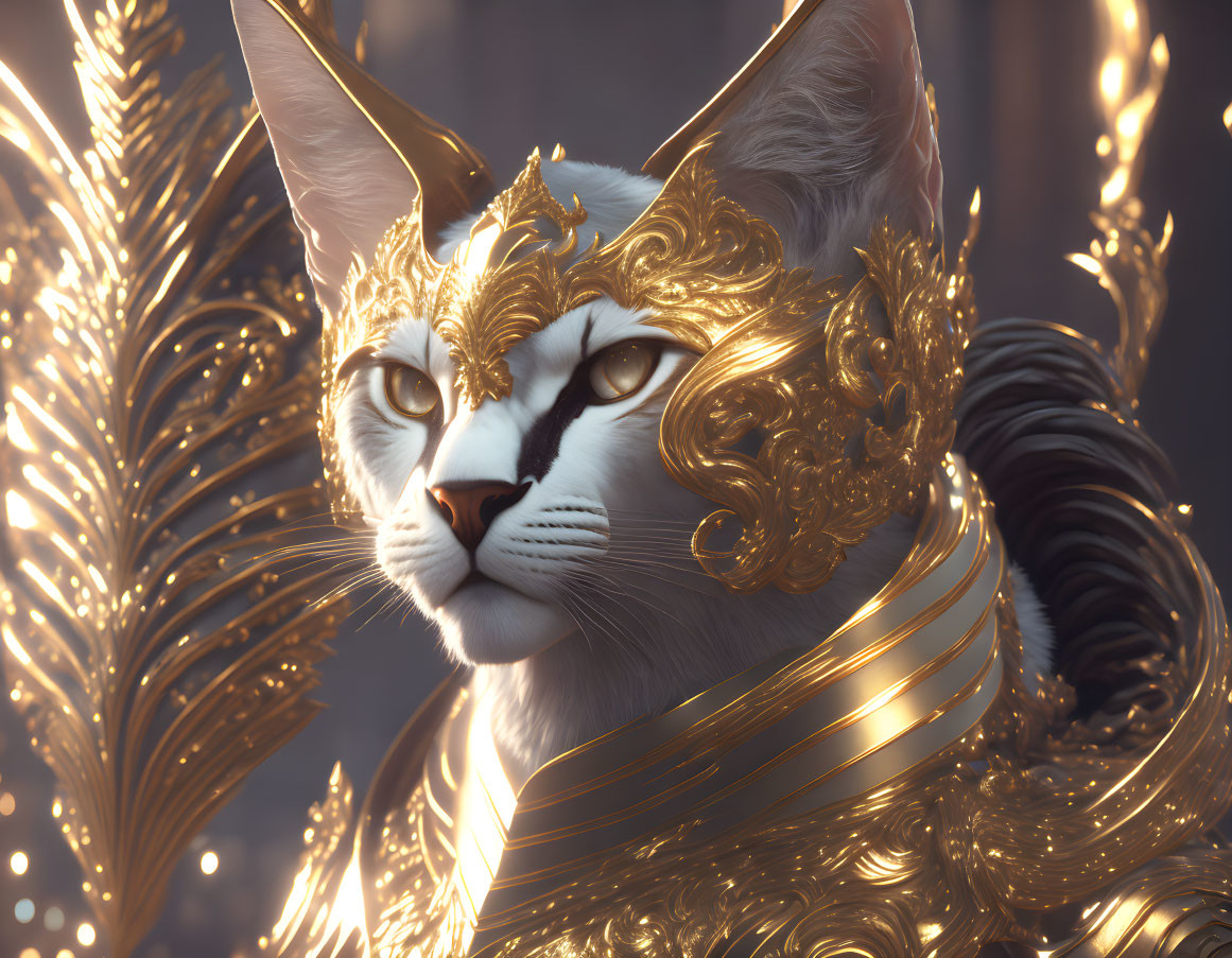 Majestic cat in golden armor against ethereal backdrop