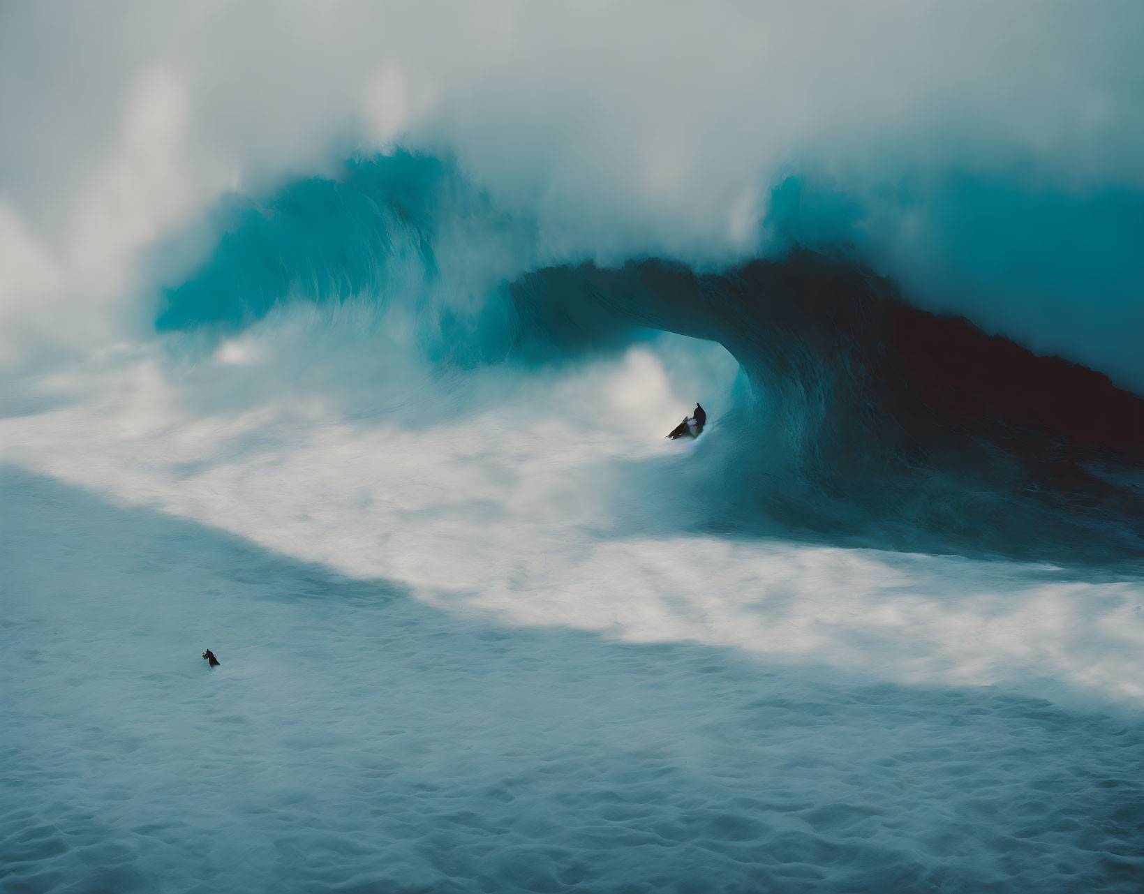 Surfer riding large blue wave with person floating below