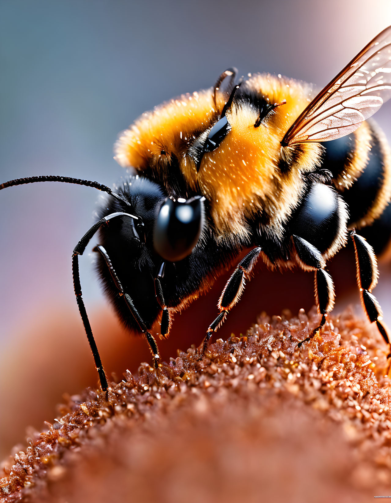 Detailed Close-up of Fuzzy Bumblebee with Transparent Wings