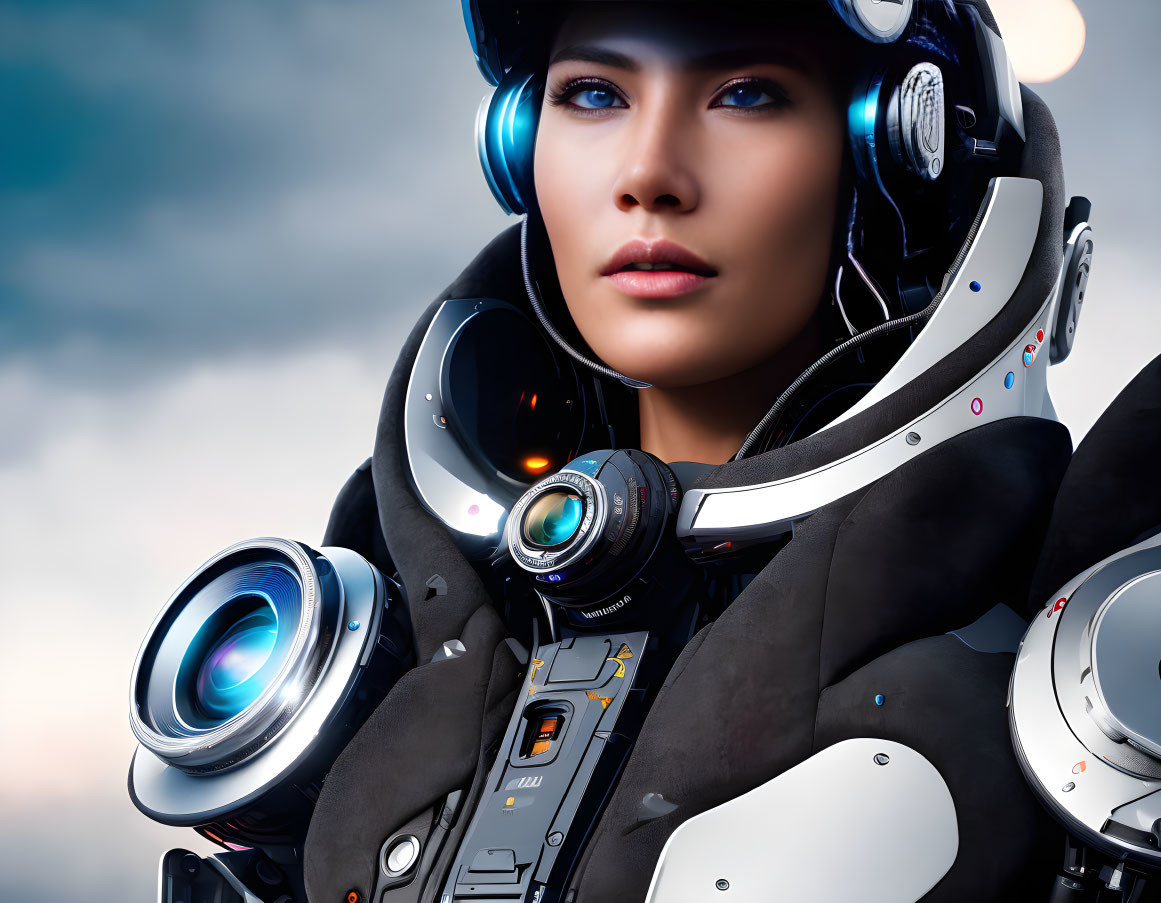 Futuristic woman in robotic suit against cloudy sky