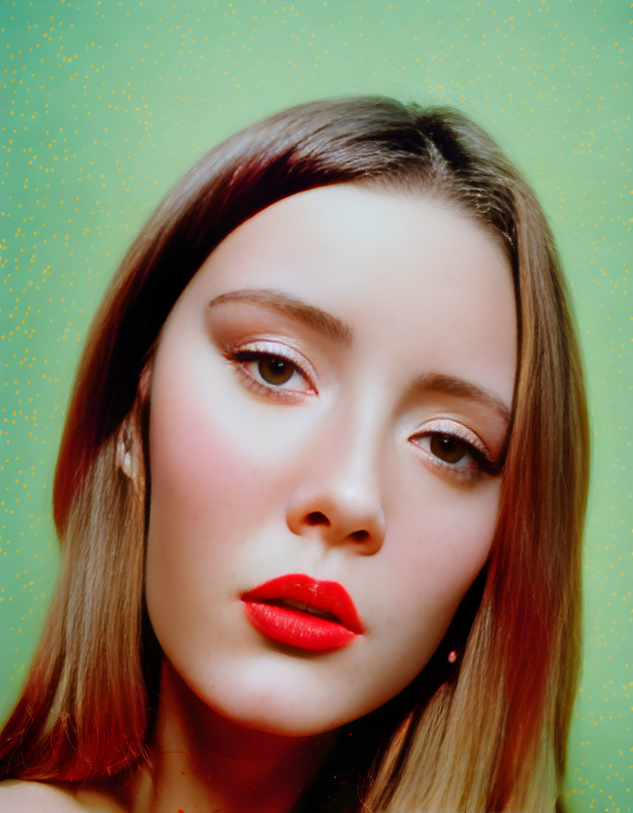 Woman with Bold Red Lipstick in Portrait Against Yellow Backdrop