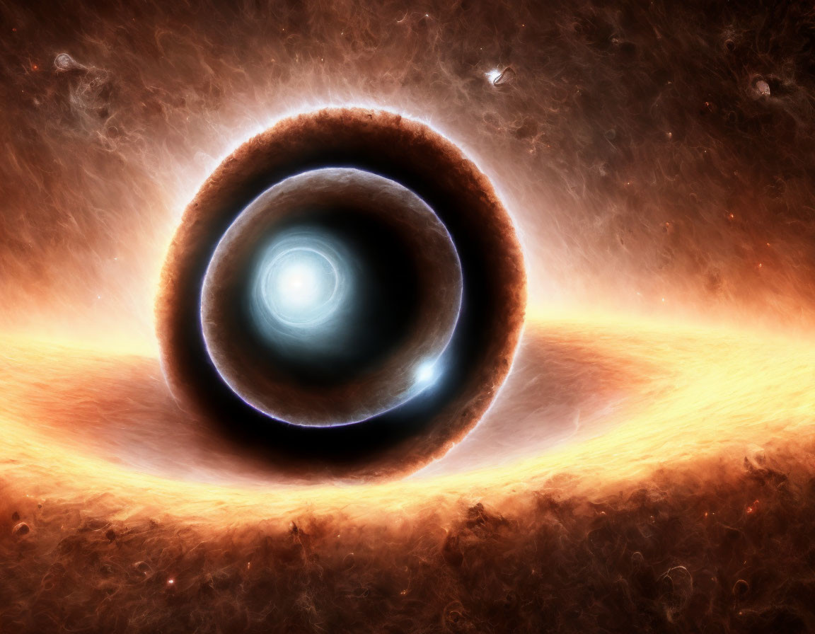 Digital Illustration: Black Hole with Blue Light Rings & Cosmic Dust