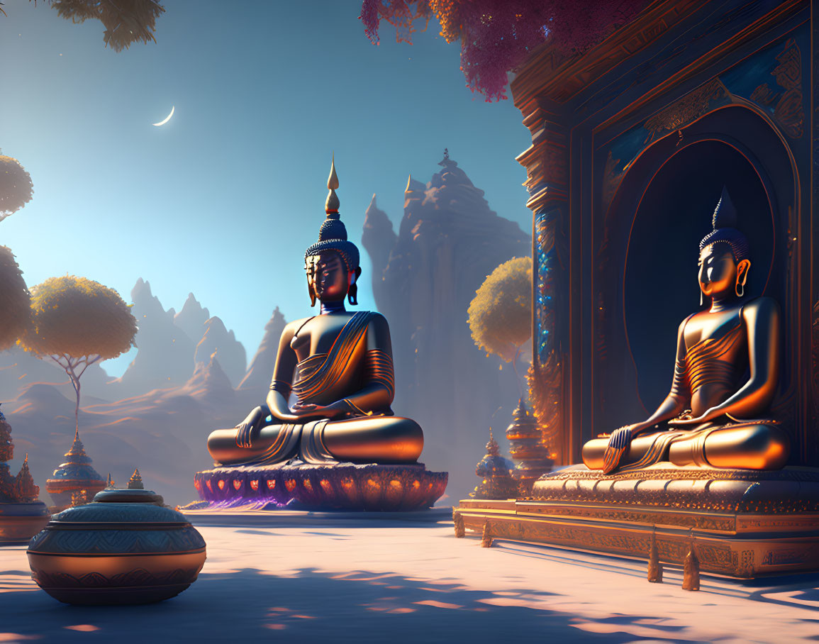 Large Buddha statues in meditation pose with trees against sunset sky and crescent moon