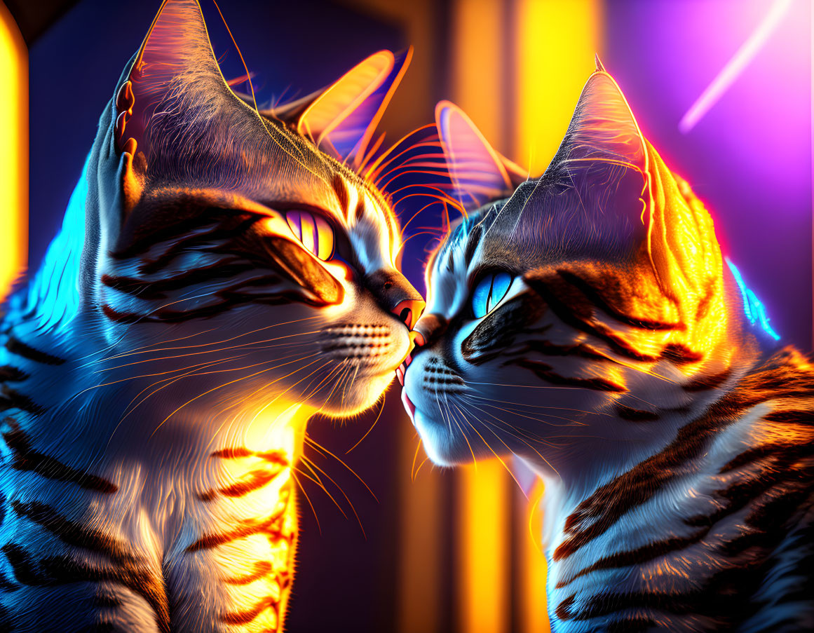 Stylized glowing cats on vibrant blue and purple backdrop with light rays