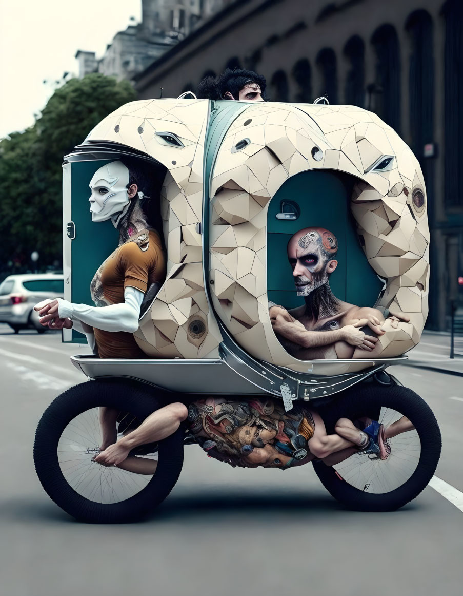 Abstract Tricycle with Geometric Human Face Carriage and Painted Performers