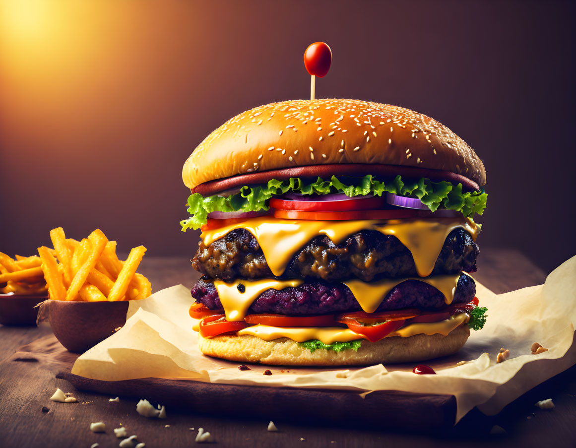 Double Cheeseburger with Lettuce, Tomato, Onion, and Fries on Parchment Paper