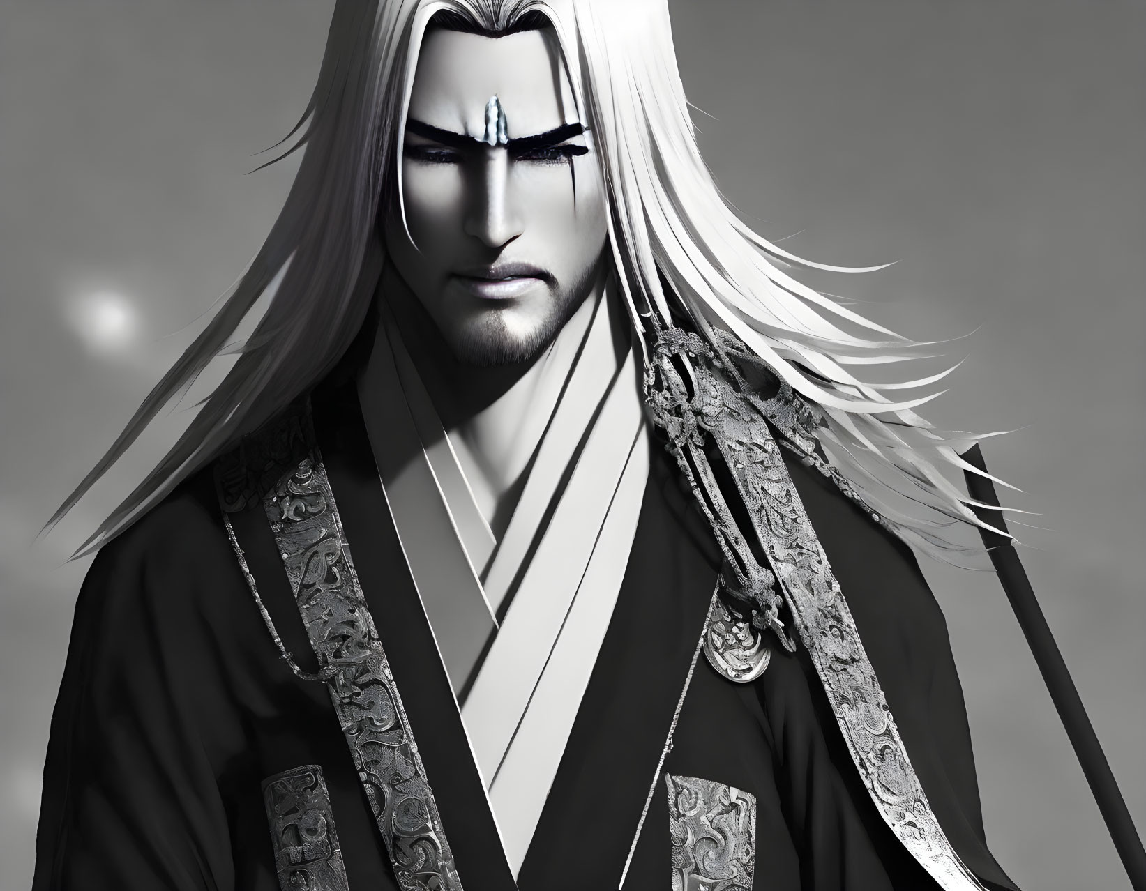 Monochrome illustration of animated male character with long white hair and dark ornate outfit