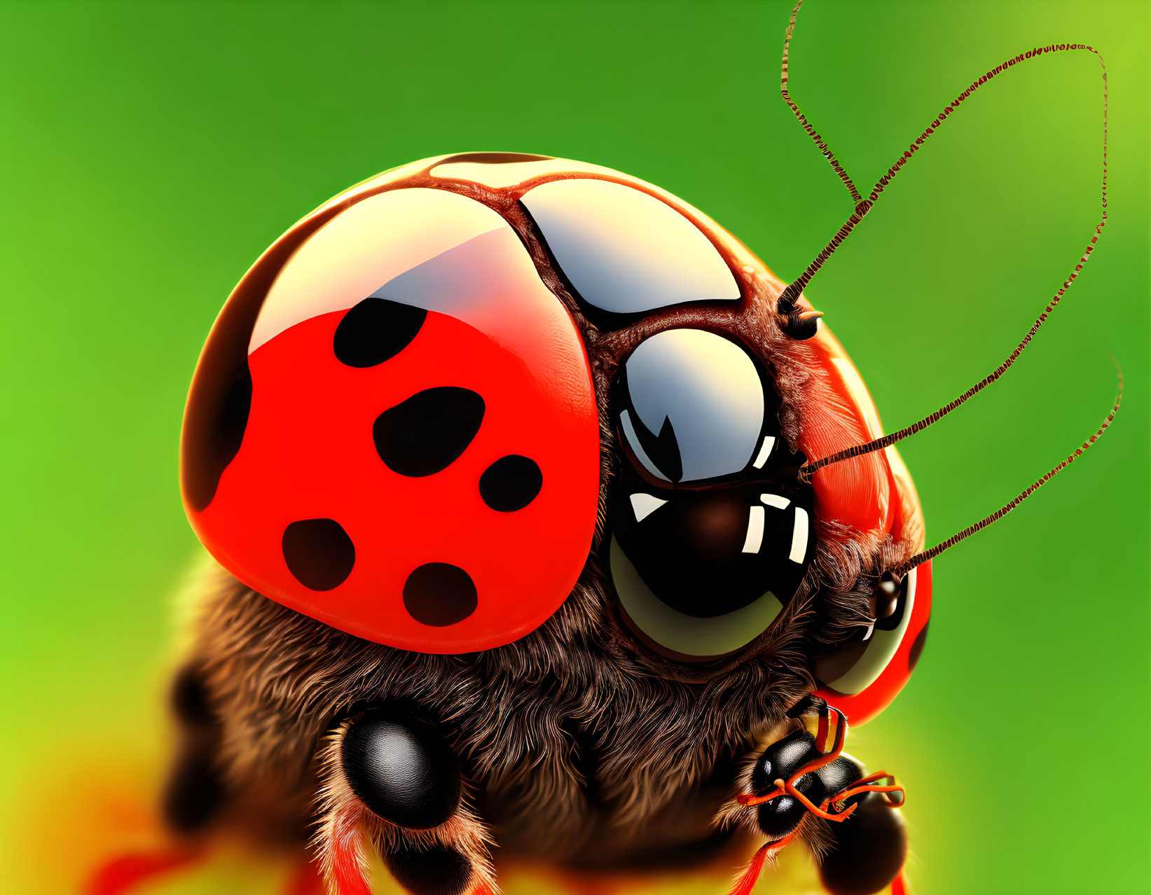 Detailed Close-Up Illustration of Vibrant Ladybug Shell and Cartoonish Eyes