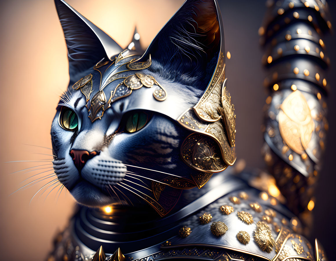 Digital art: Cat with green eyes in ornate golden armor, regal fantasy look