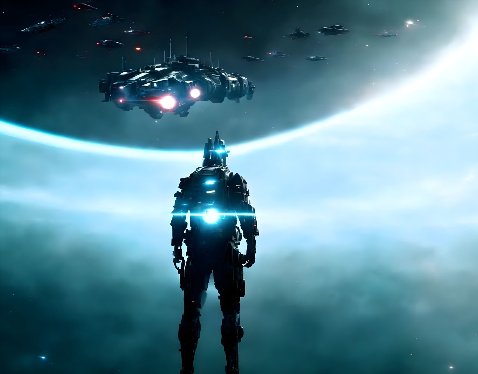 Futuristic armor figure views spaceships with glowing celestial body