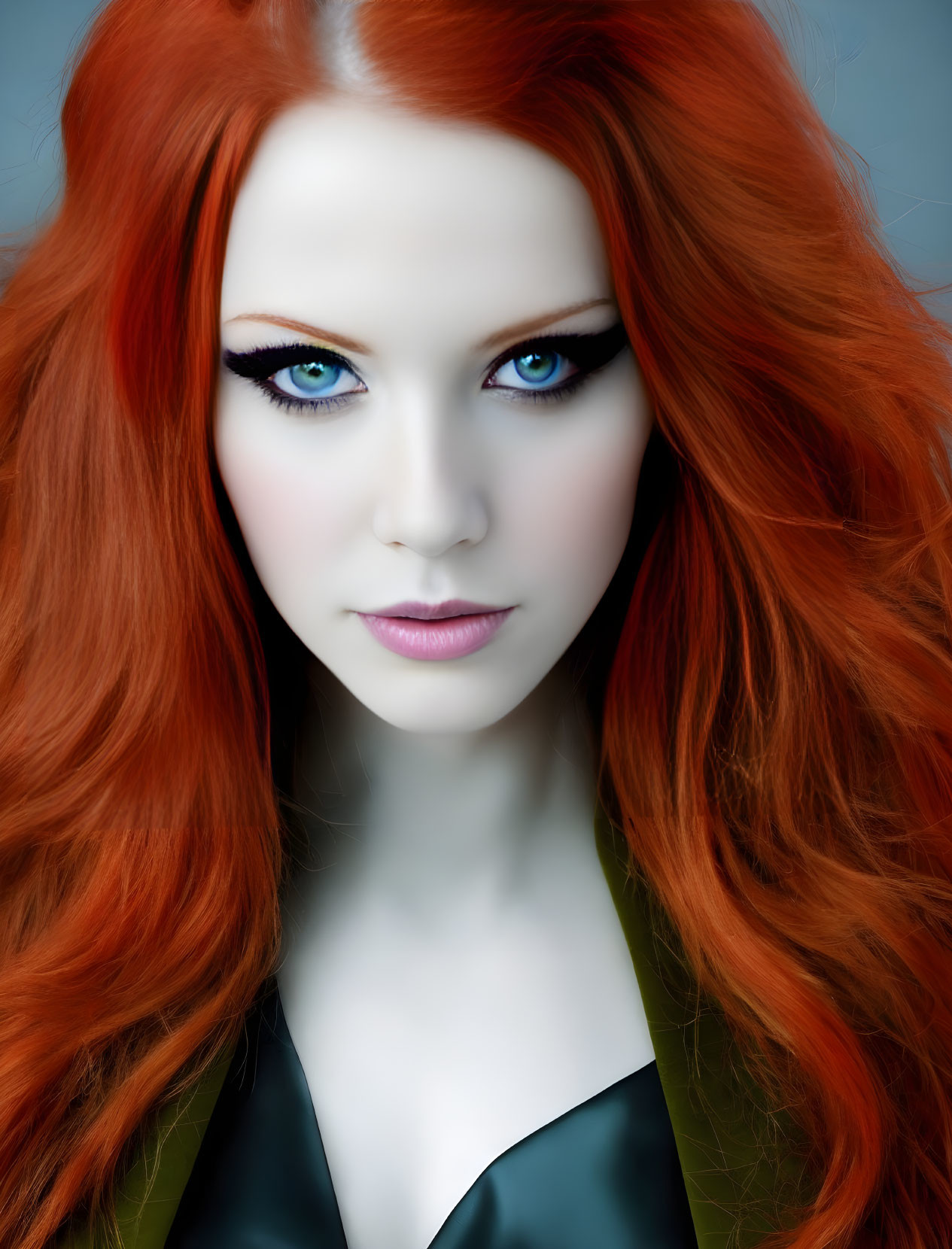 Person with Vibrant Red Hair and Blue Eyes on Blue Background