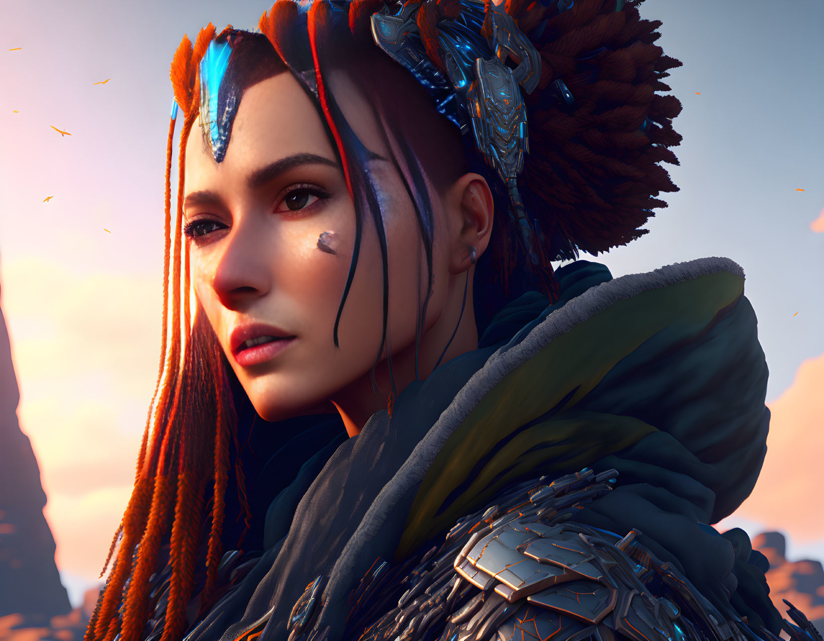 Female video game character with tribal face paint and futuristic armor in sunset landscape