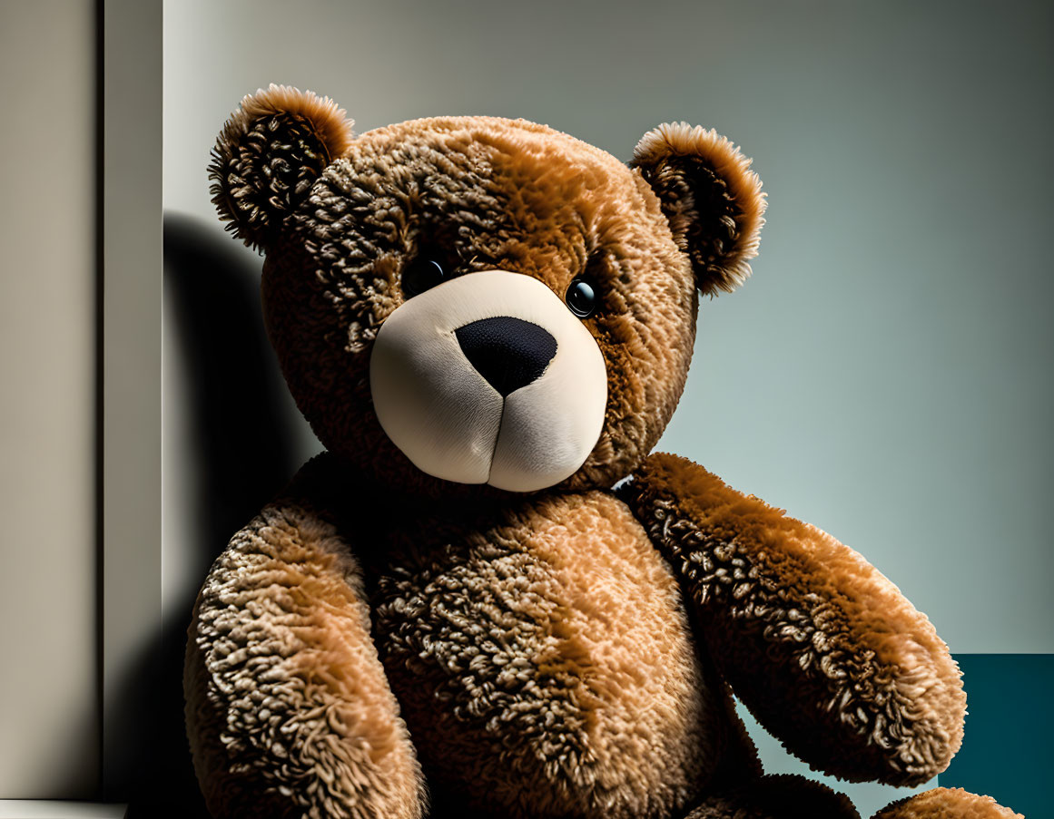 Plush teddy bear with solemn expression on dual-toned background