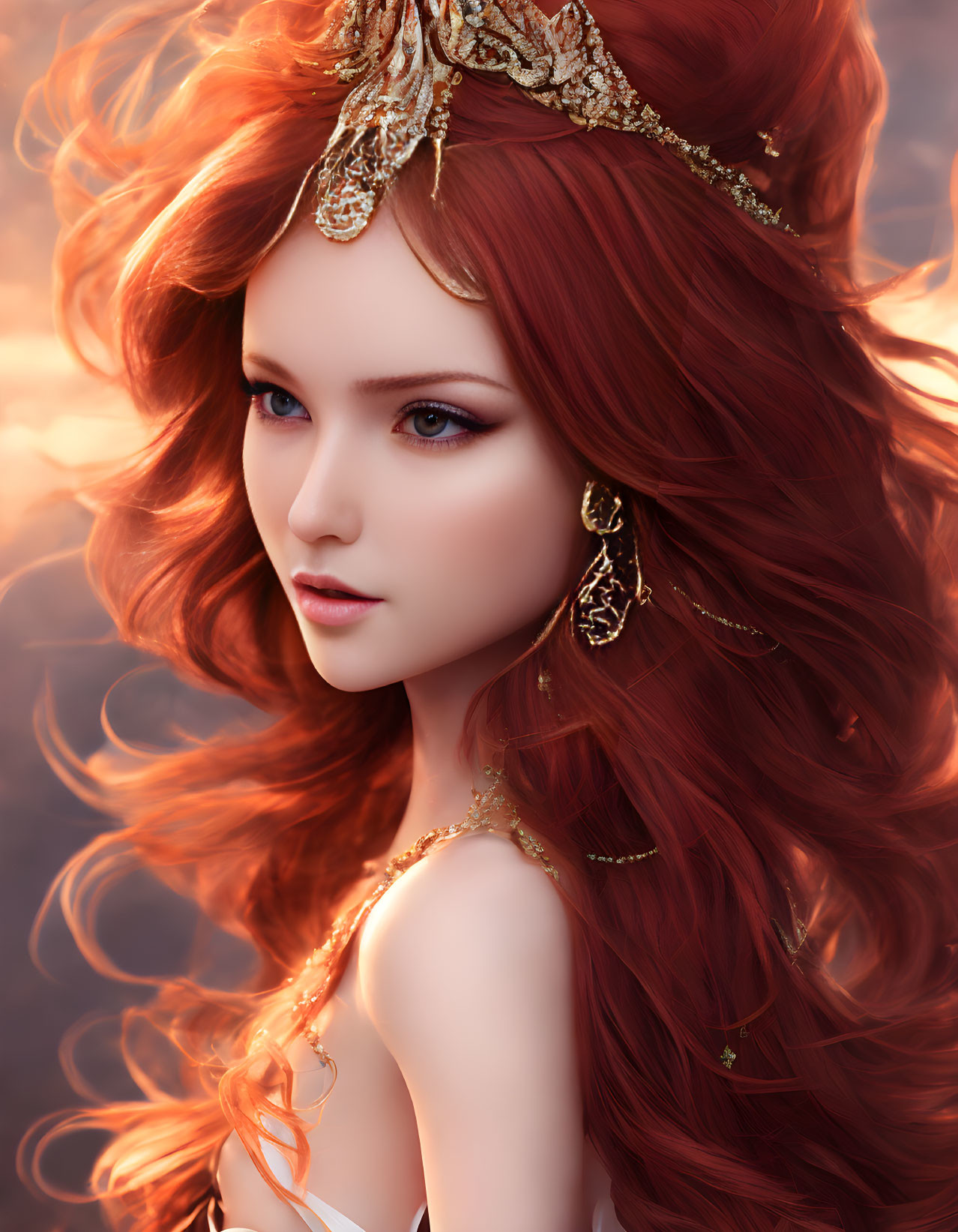 Digital portrait of woman with red hair and golden accessories on soft-focus backdrop