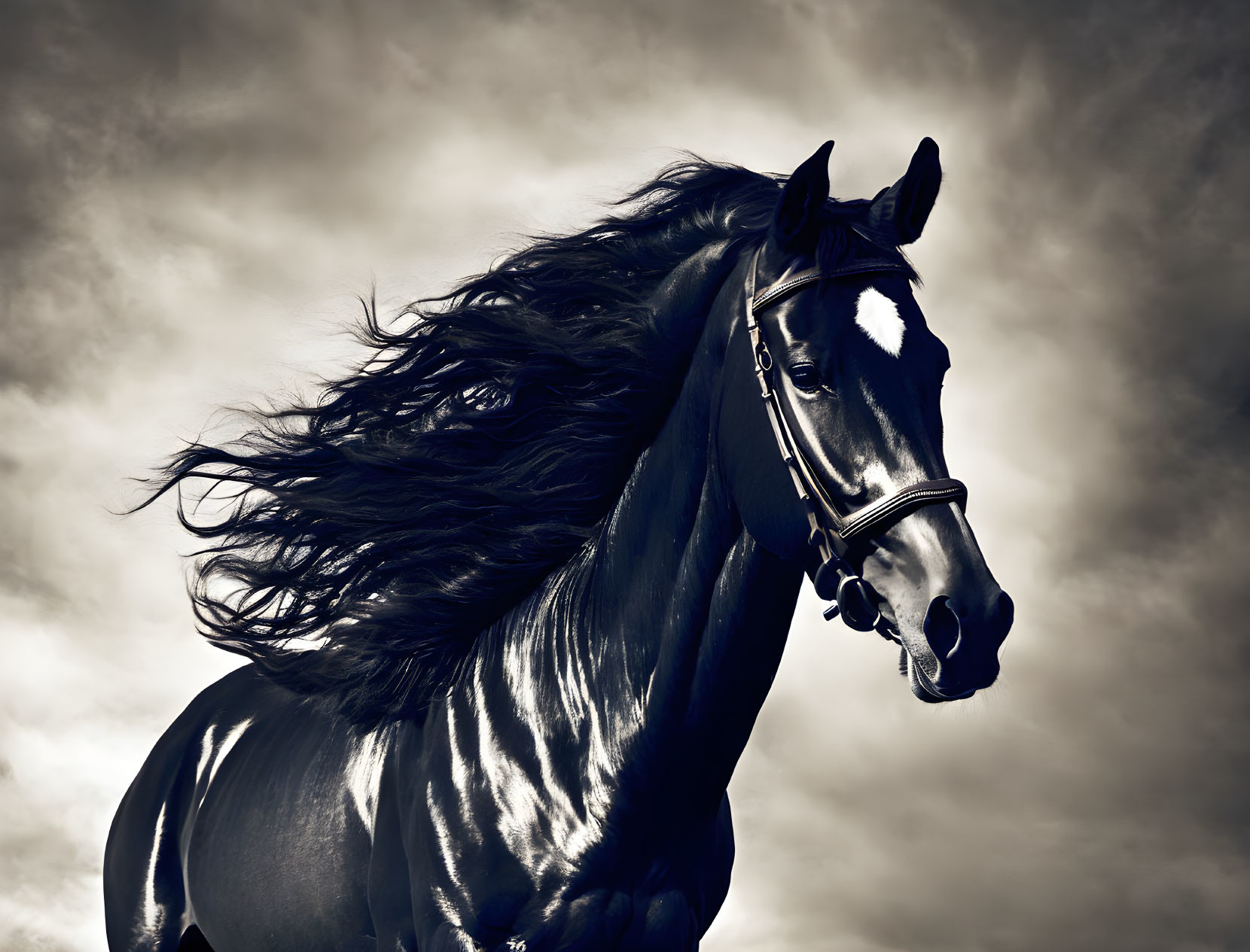 Majestic black horse with flowing mane in dramatic profile view