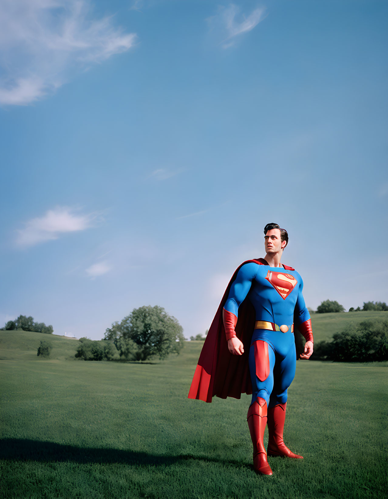 Person in Superman costume poses on grass under serene sky