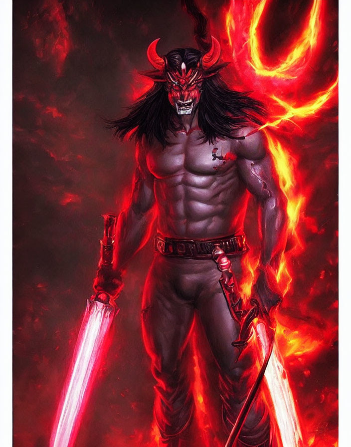 Muscular demonic figure with fiery swords in swirling red flames