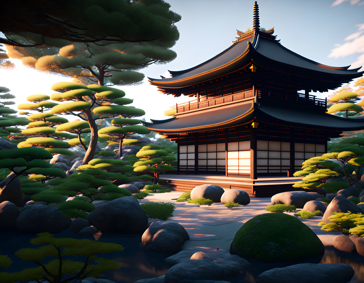 Japanese Pagoda in Pine Tree Forest with Warm Glowing Light at Dusk