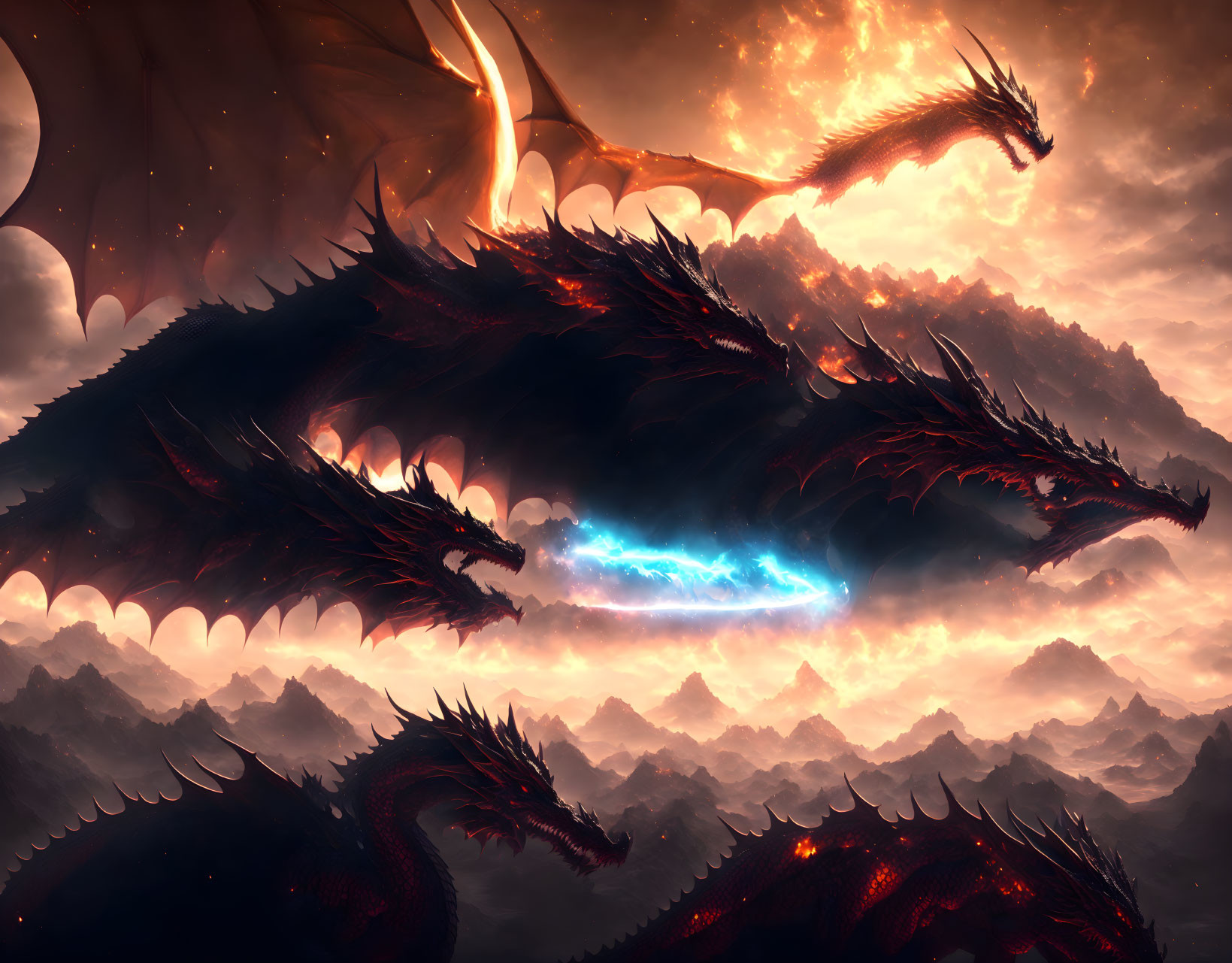 Multiple dragons soar in fiery sky with vibrant blue flame