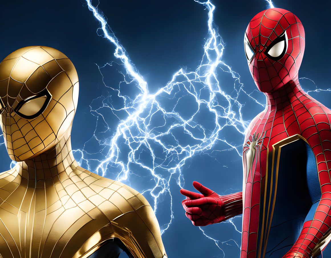 Red and Gold Spider-Man Figures in Night Sky with Lightning Bolts