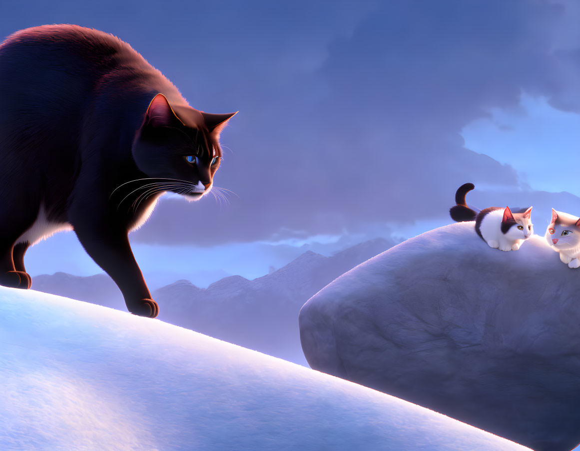 Two cats meeting on snowy ledge at twilight