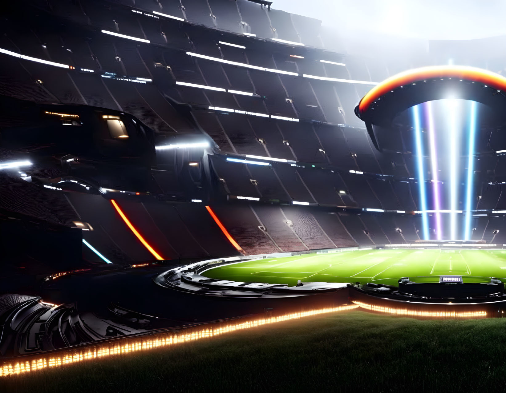 Futuristic soccer field illuminated by spaceship beam in high-tech stadium