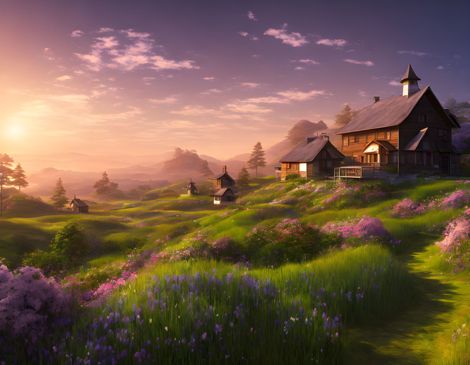 Scenic sunrise in a charming village with cozy houses and green hills