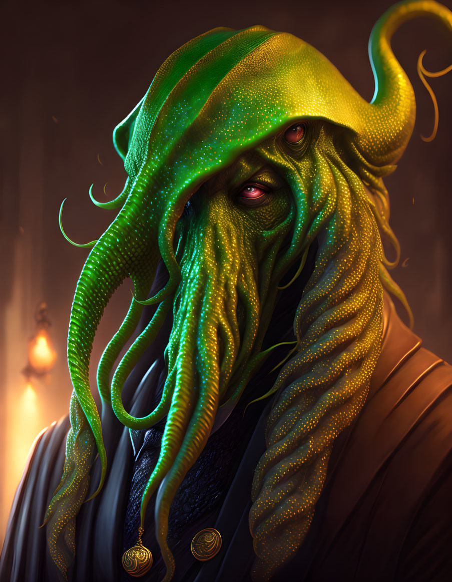 Mysterious tentacled creature with red eyes in dark setting wearing gold-emblem robe