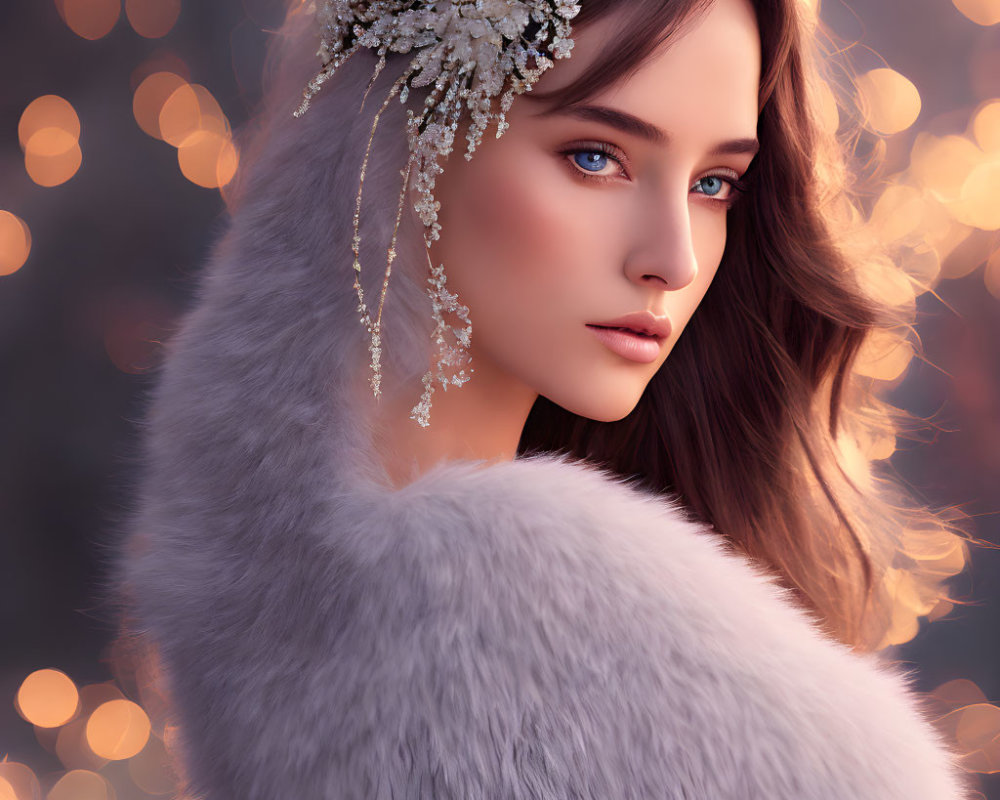 Striking blue-eyed woman in luxurious fur wrap with sparkling hair accessory