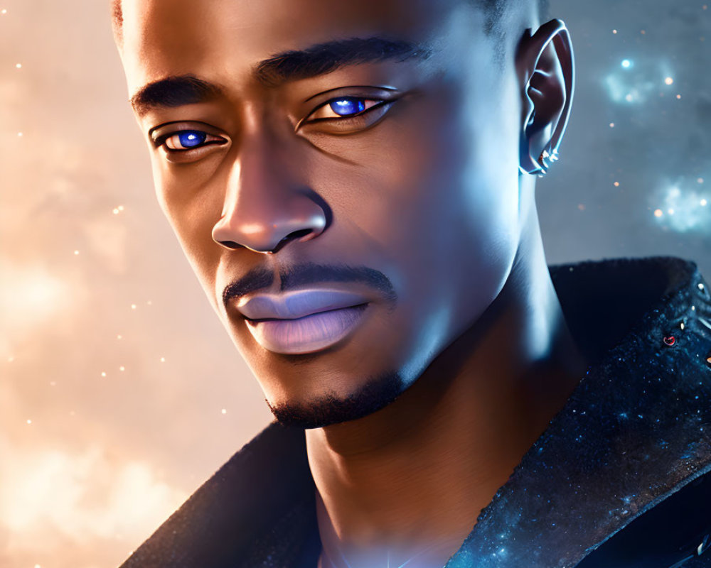 Detailed digital art portrait of a man with blue eyes and futuristic attire.