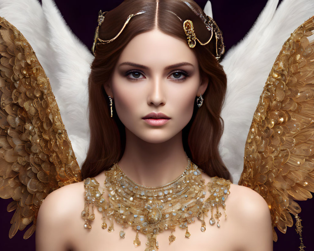 Digital artwork: Woman with angel wings and gold jewelry on purple background