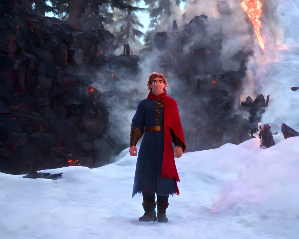 Animated character in snowy landscape with erupting volcano.