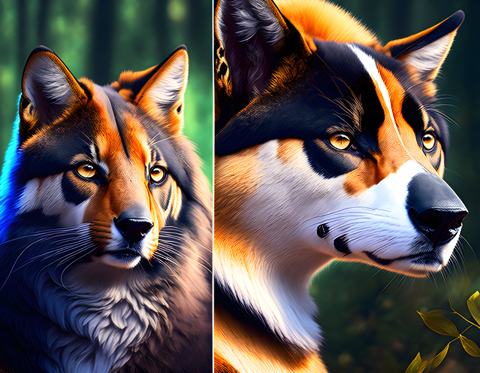 Artistic portrayal of intense fox and wolf canines in forest setting