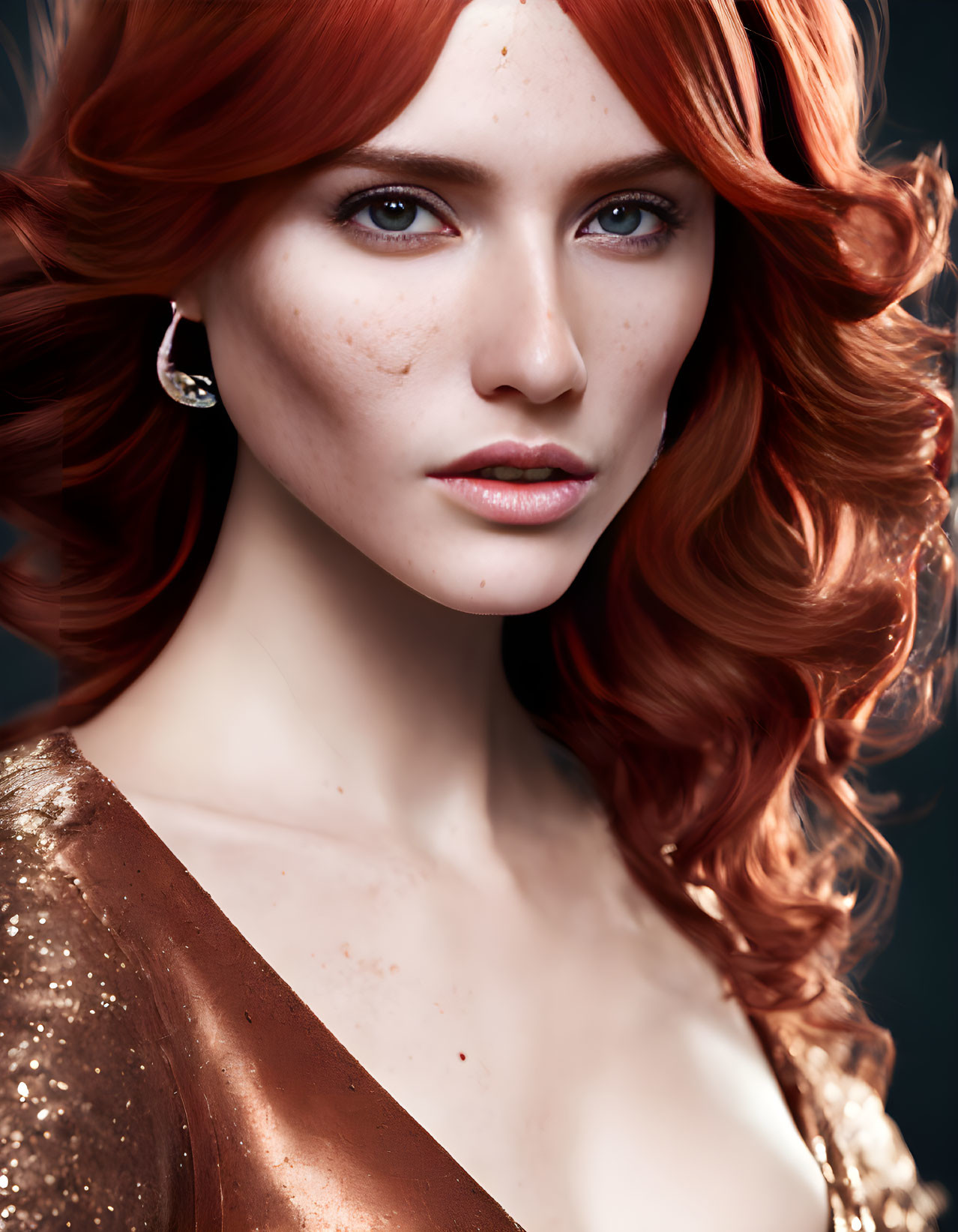 Portrait of a woman with red curly hair, freckled fair skin, green eyes, gold sequ