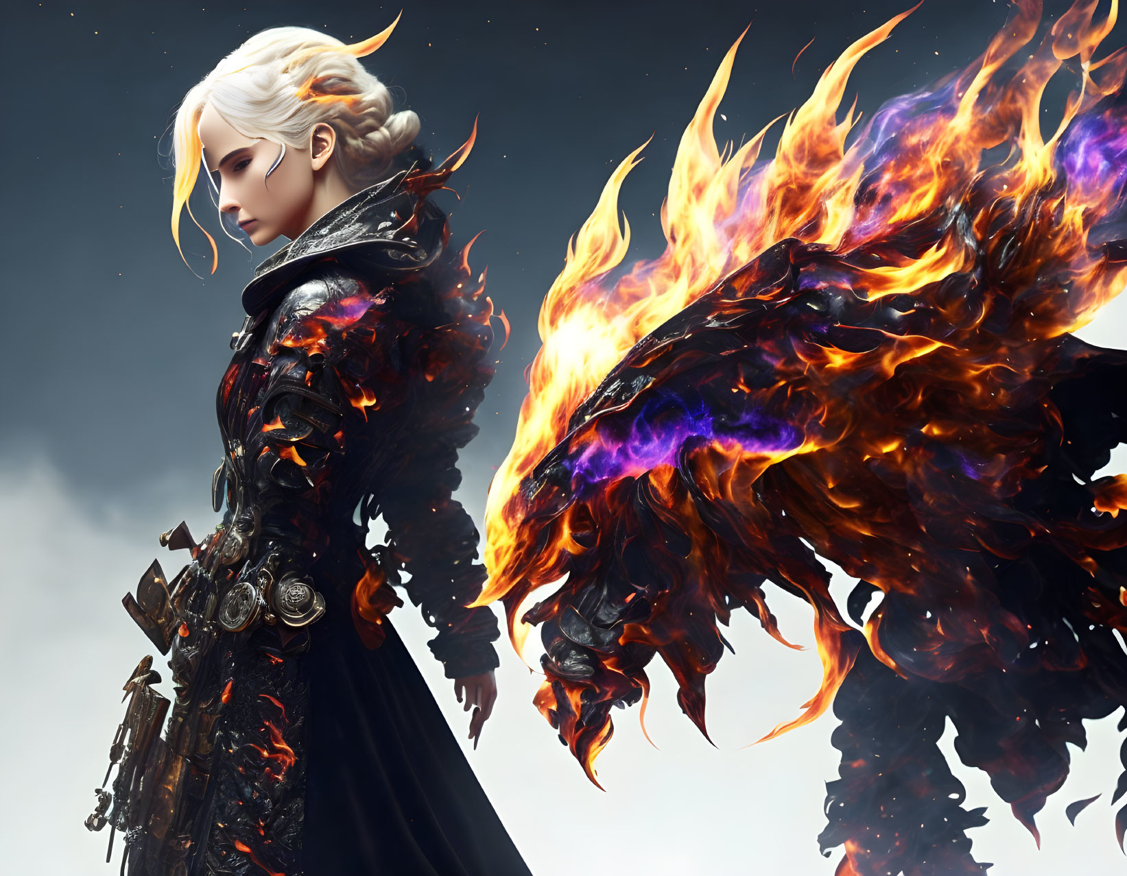 Silver-haired fantasy character in dark armor with fiery phoenix