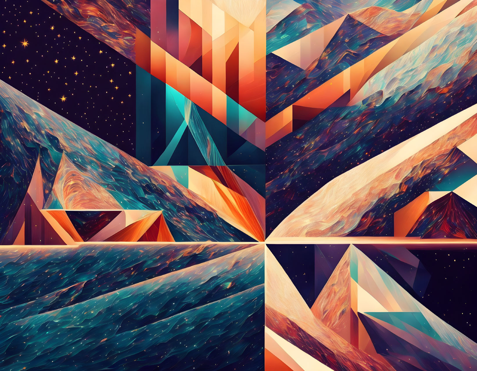 Abstract geometric shapes in cosmic background with warm and cool tones