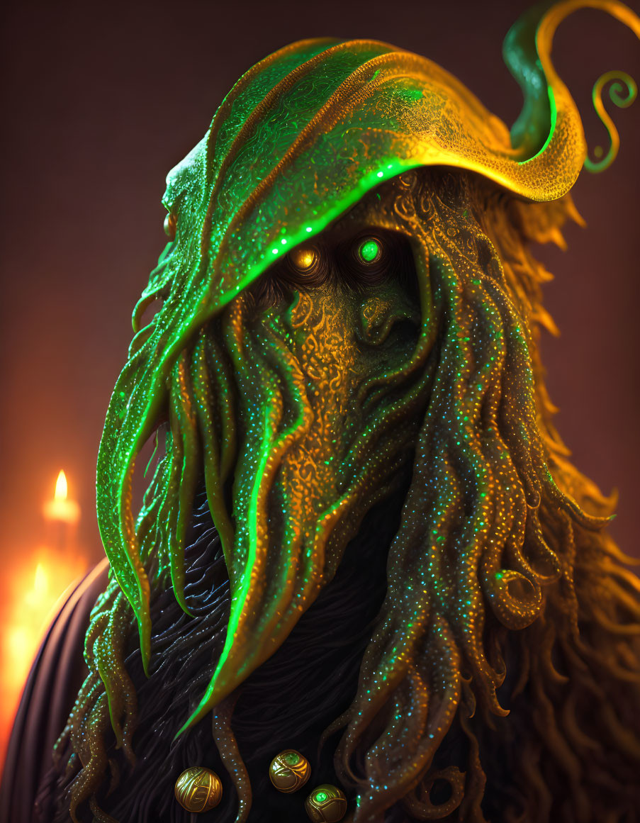 Mystical creature with tentacle-like features and glowing green eyes in ornate textures and biolum