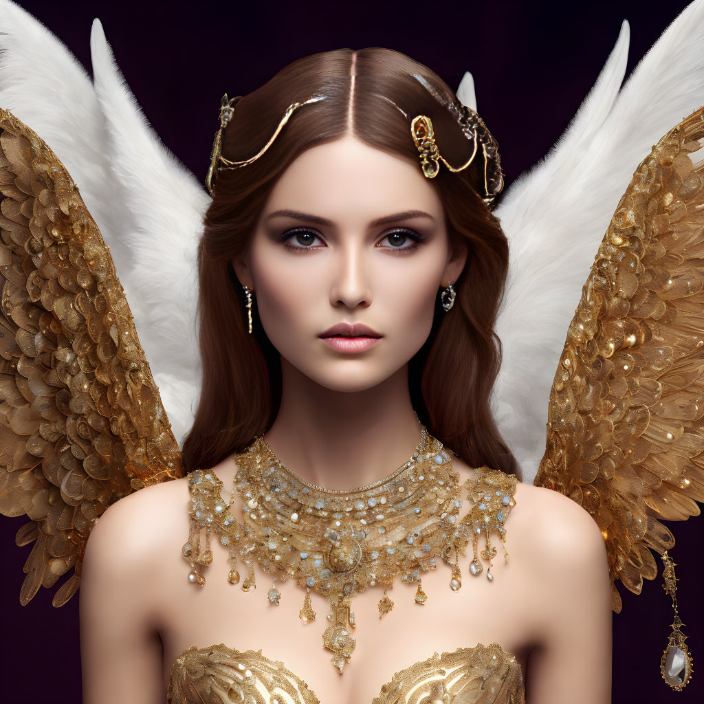 Digital artwork: Woman with angel wings and gold jewelry on purple background