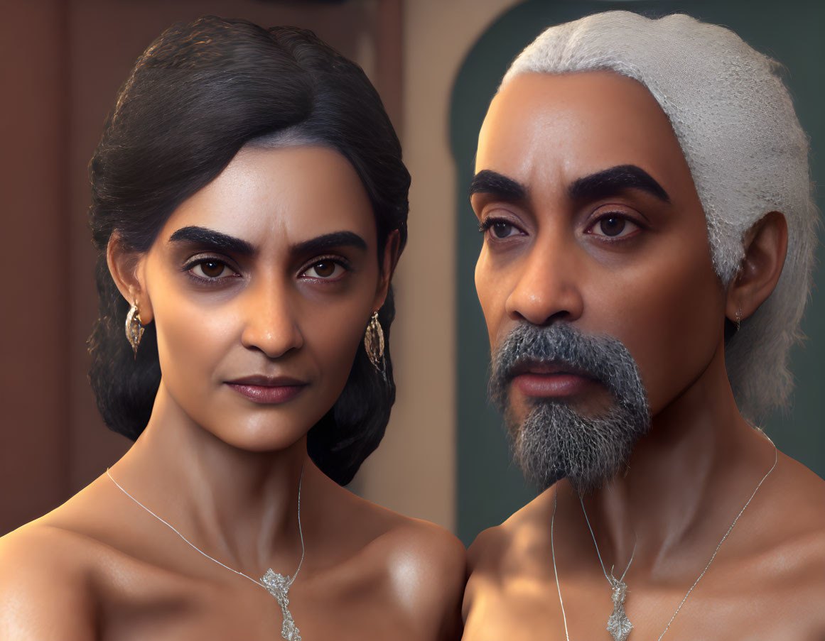 Elegant digital portrait of a woman and man with Middle Eastern features wearing elegant necklaces