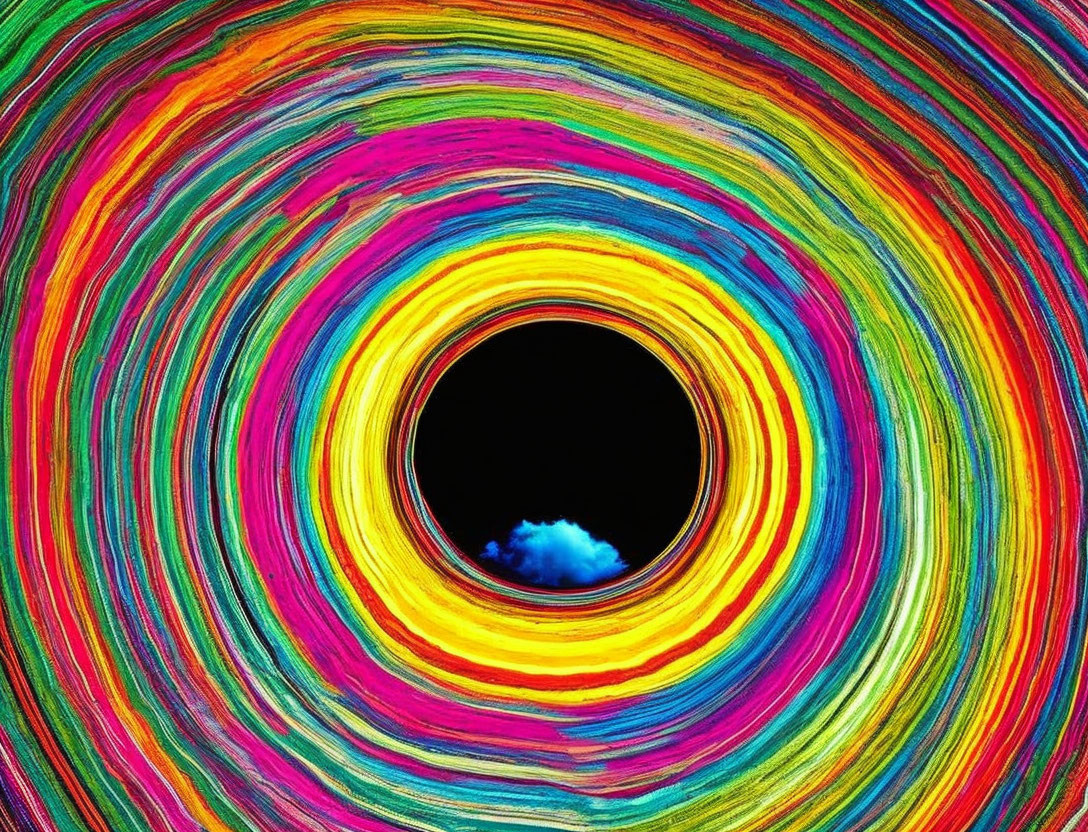 Colorful concentric circles with black center and blue cloud in abstract image