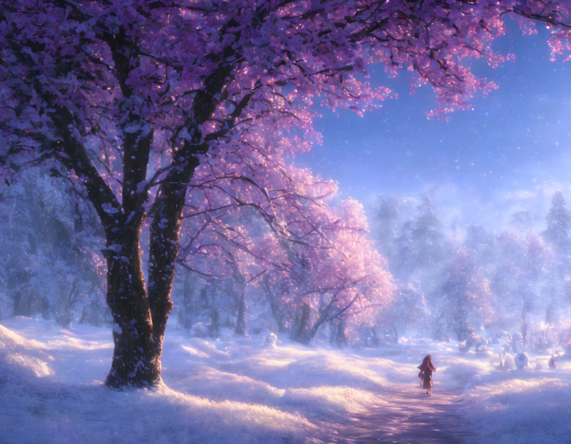 Person walking under snow-covered cherry blossom trees in serene winter scene.