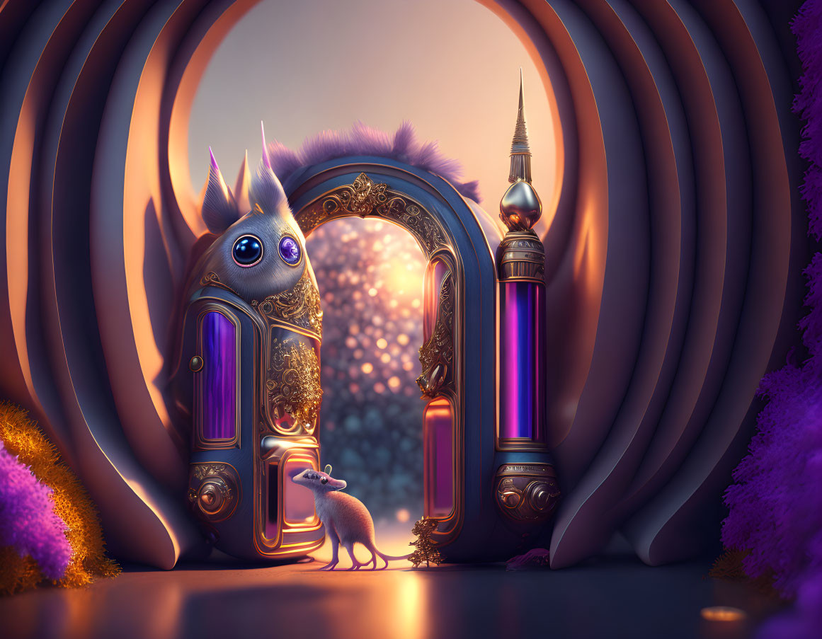 Fantastical stylized mouse in front of ornate doorway with whimsical creatures in dreamy landscape