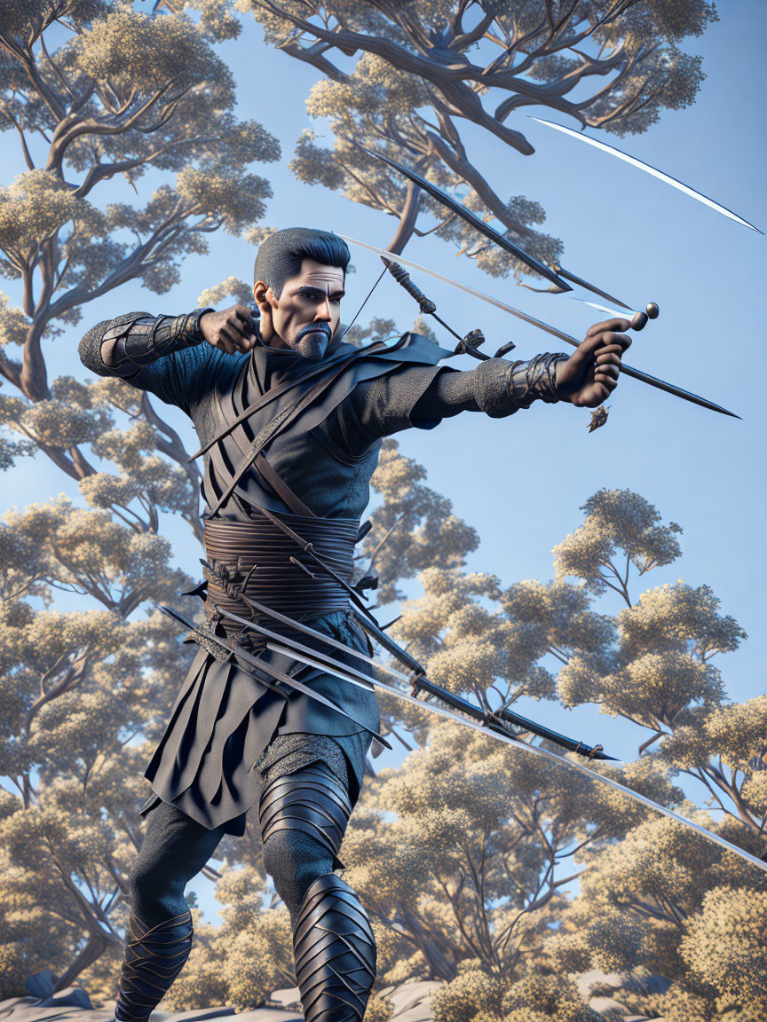 Digital artwork of man with multiple swords in forest setting