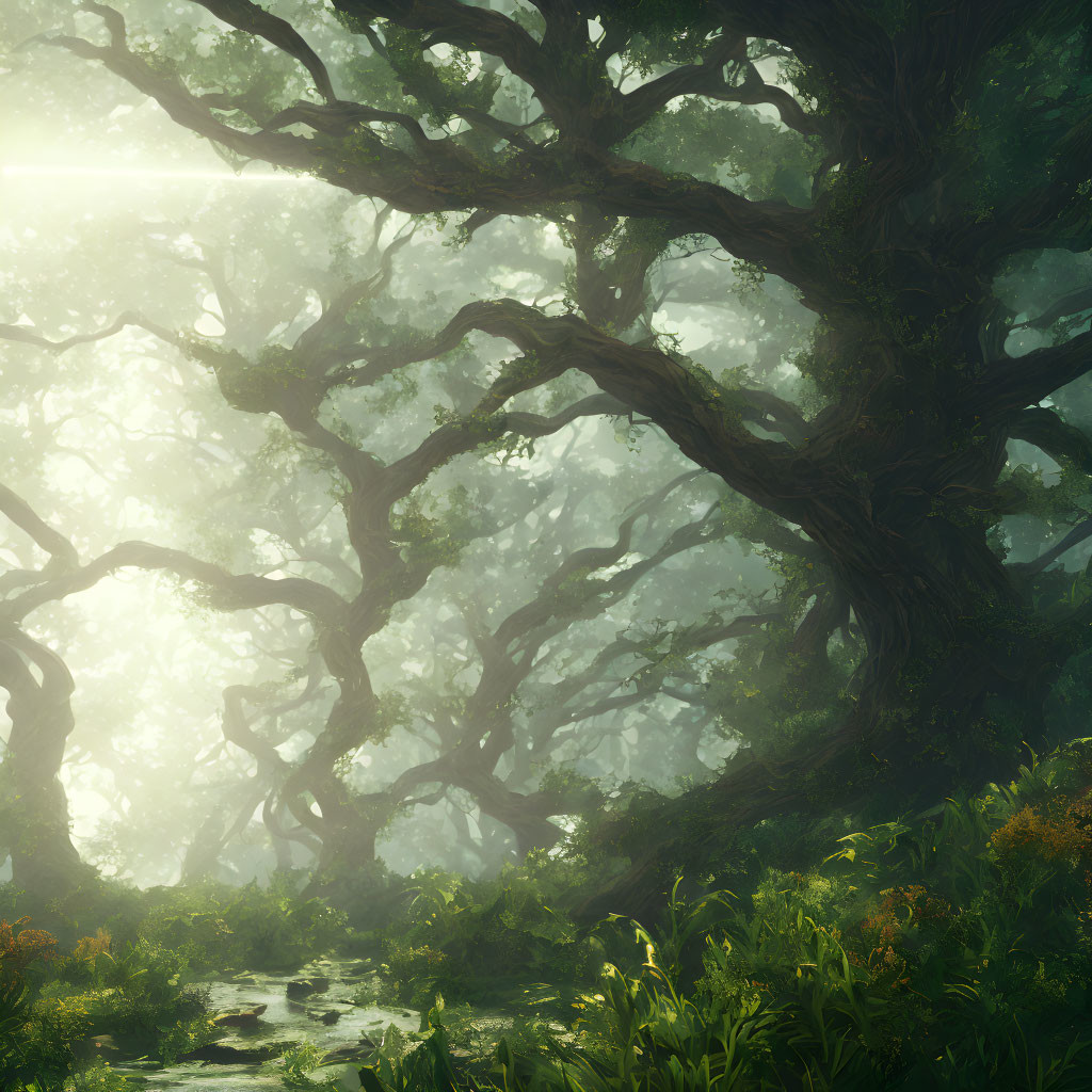 Ethereal forest scene with sunlight filtering through dense canopy